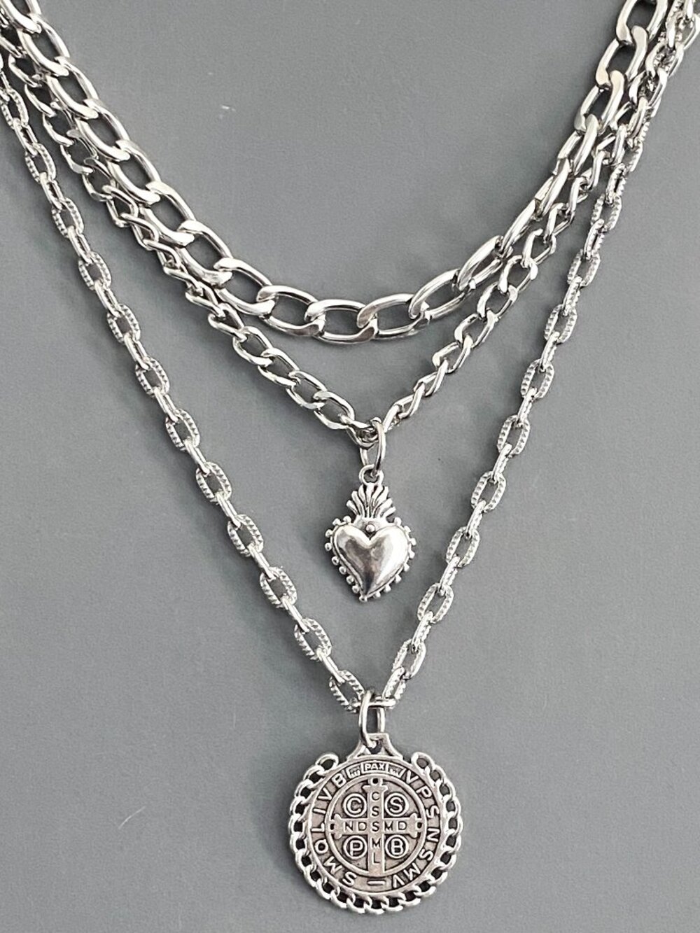 NEW, layered silver necklace, SACRED HEART, SAN BENITO CROSS, romantic goth